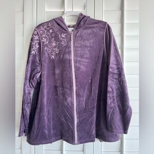 DRESSBARN WOMAN Purple Plush Velour Embroidered Zipper Hooded Jacket Size 18/20